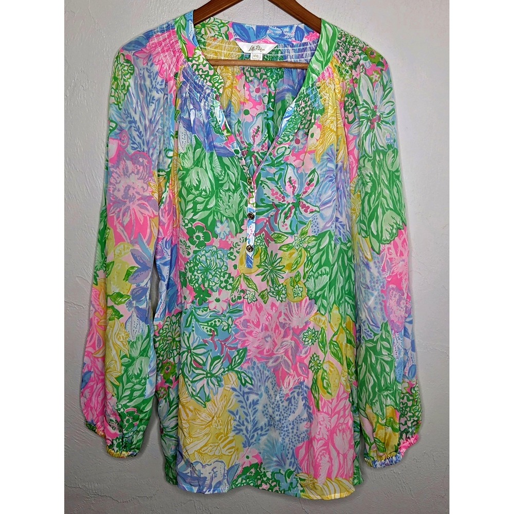 Lilly Pulitzer Womens Long Sleeve Silk Top Bright Delight Floral Size XXL Blouse